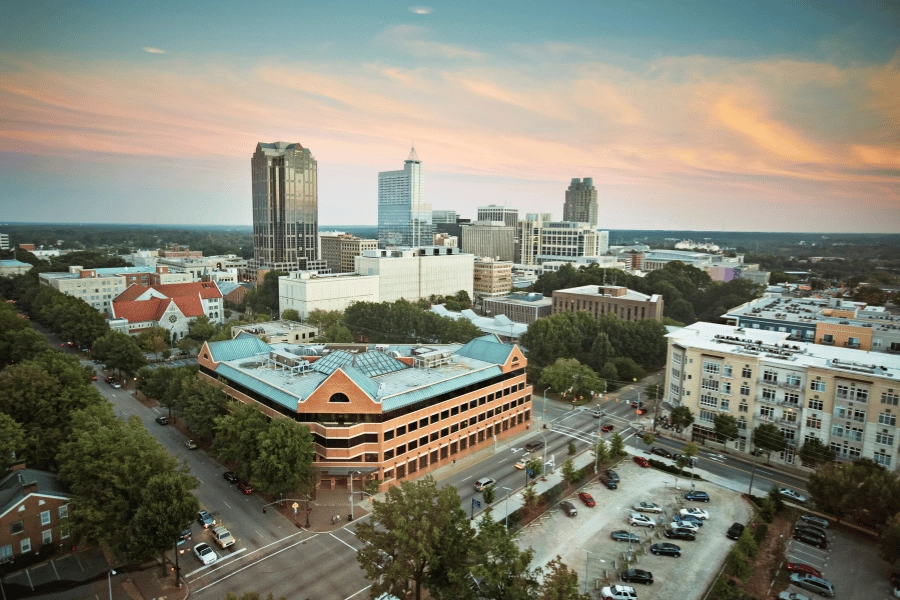 View of Downtown Raleigh overlooking the city and tall buildings